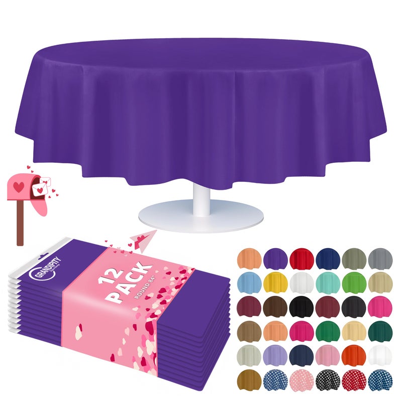 Grandipity 12 Pack Premium Disposable Plastic Tablecloth 84" Inch Decorative Round Table Cover - Purple - Image 1